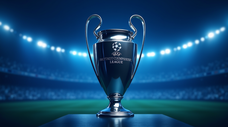 The UEFA Champions League trophy gleaming silver against a night sky